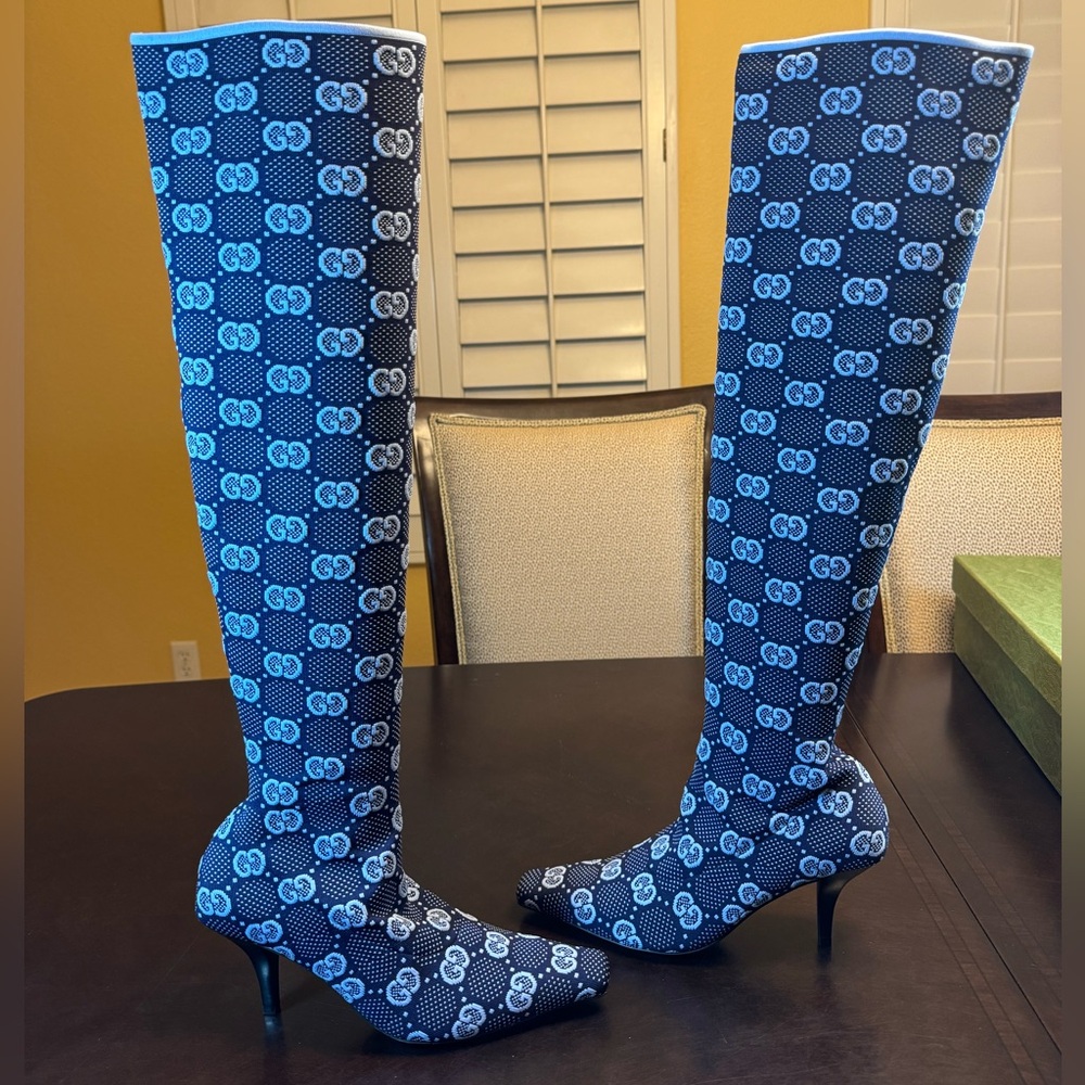 New Gucci GG Supreme Logo Knit Blue Knee High Boots Size 37.5 / US 7.5 - Picture 10 of 16